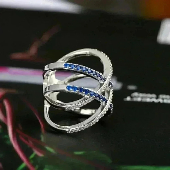New 925 Silver Blue and White Sapphire Triple Infinity Cross Ring - Picture 3 of 3